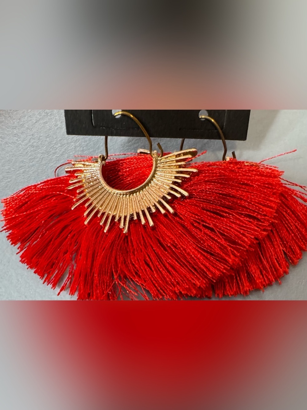 Gold tone accent fan statement Earrings with Red Fringe chic